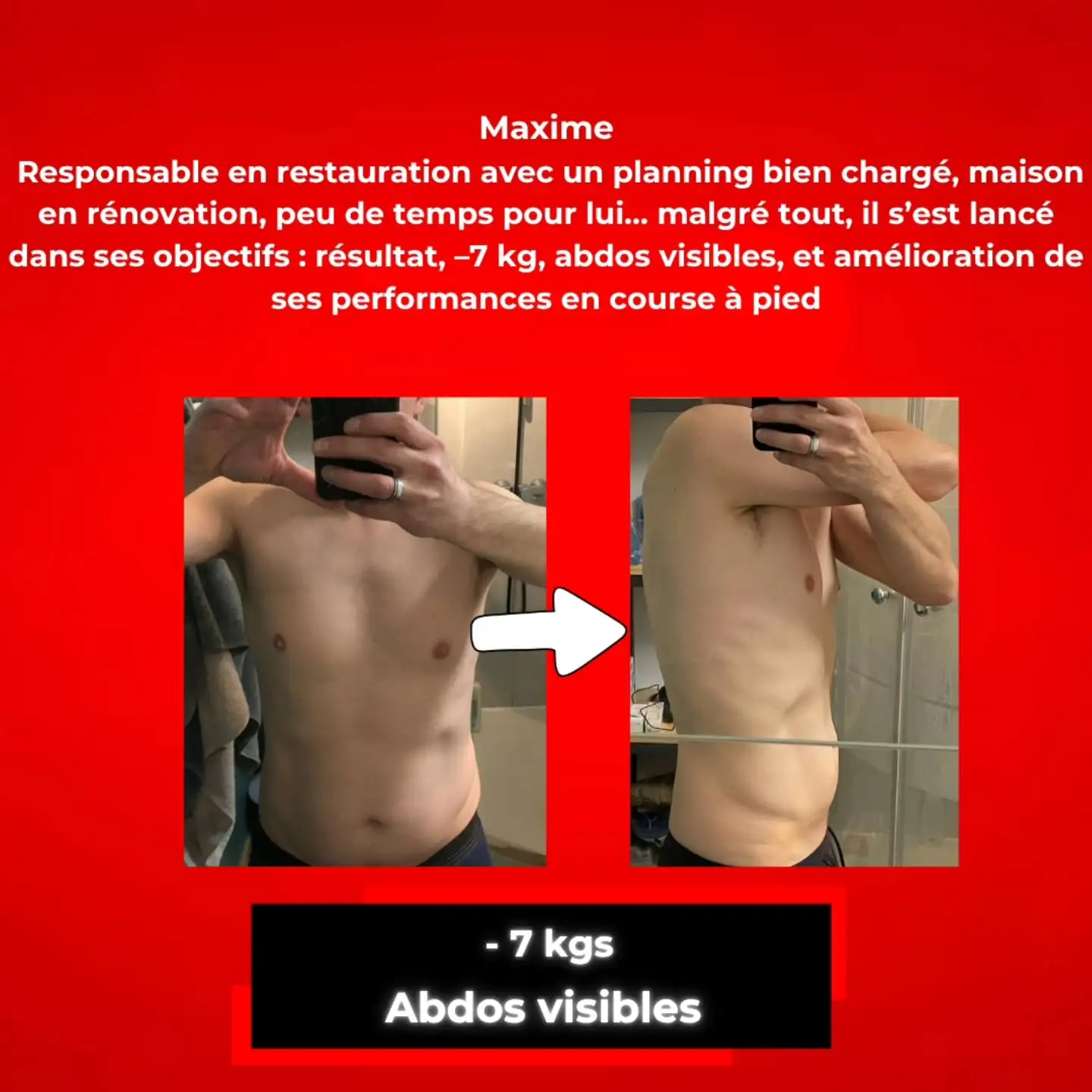 Maxime, responsable en restauration avec un planning bien chargé, maison en rénovation, peu de temps pour lui...malgré tout, il s'est lancé dans ses objectifs : -7 kg, abdos visibles et amélioration de ses performances en courses à pied